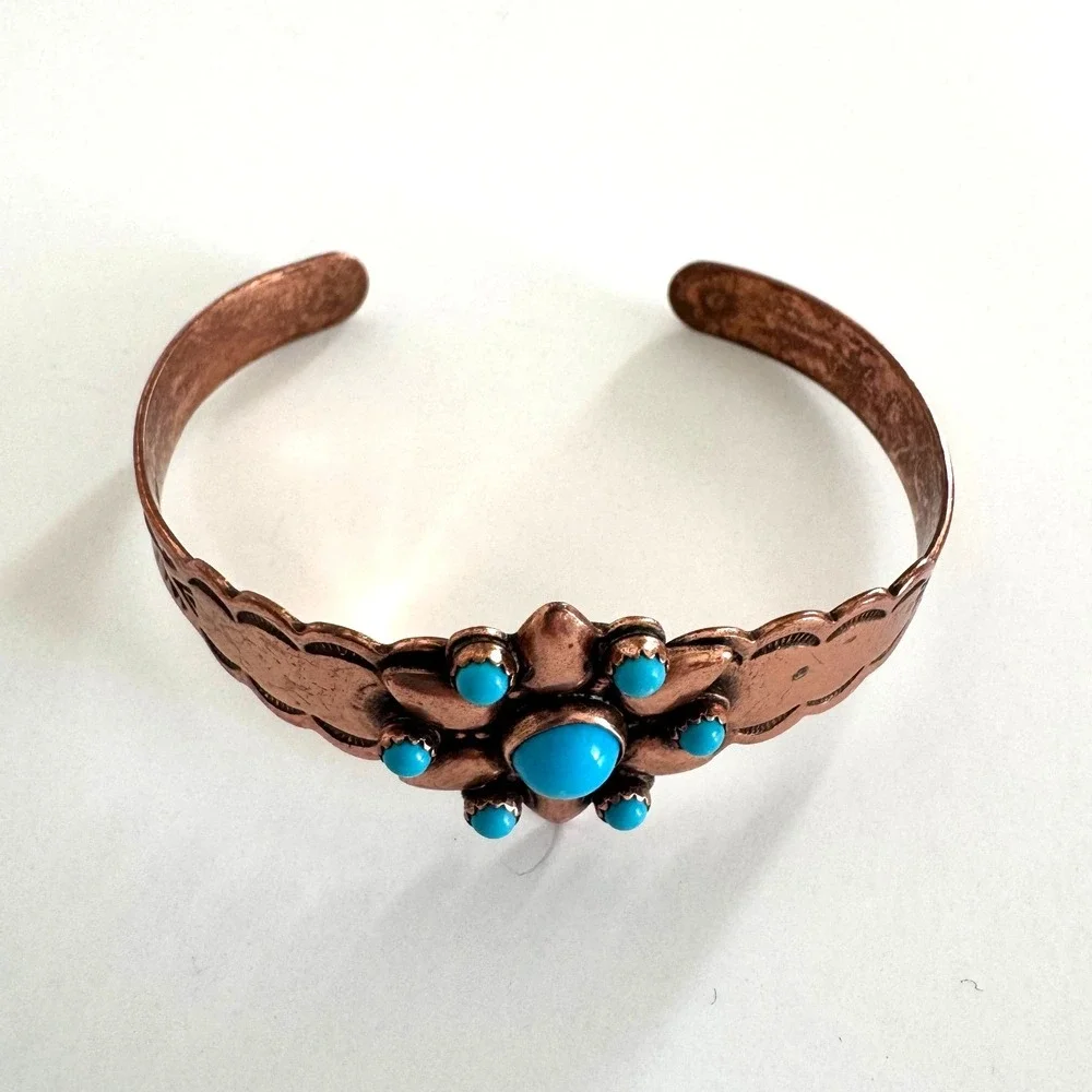 Vintage Solid Copper Faux Turquoise Cuff Bracelet Southwestern Stamped Design